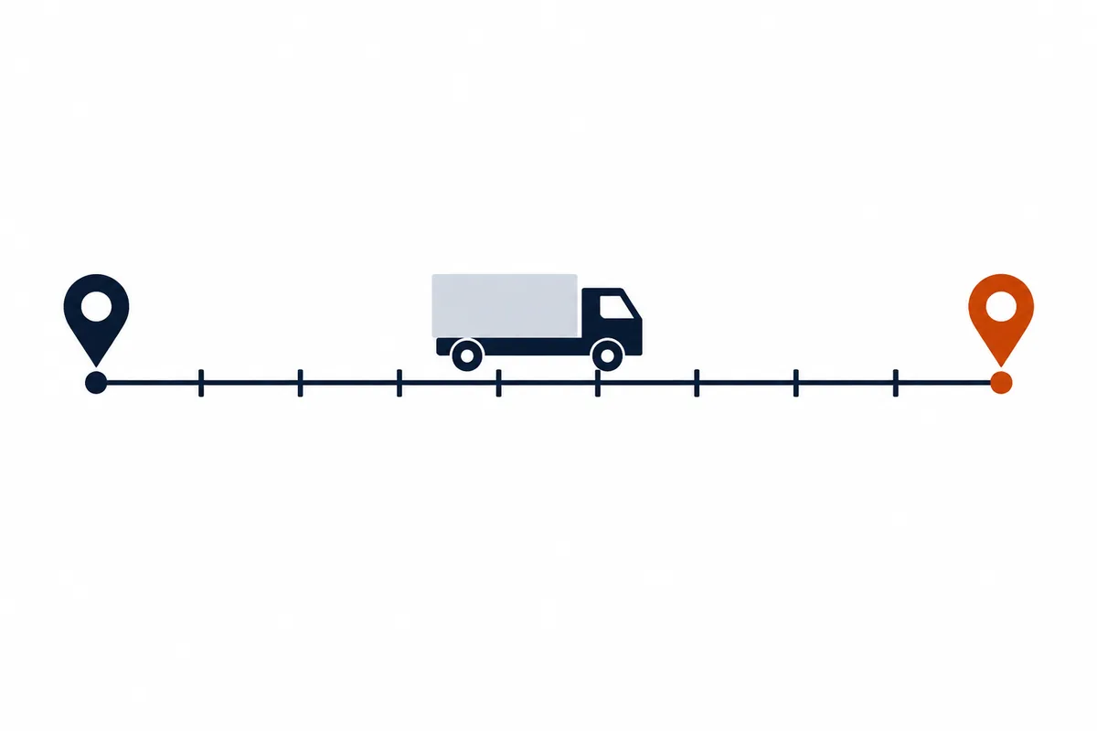A truck travelling a measured route line between two map pins
